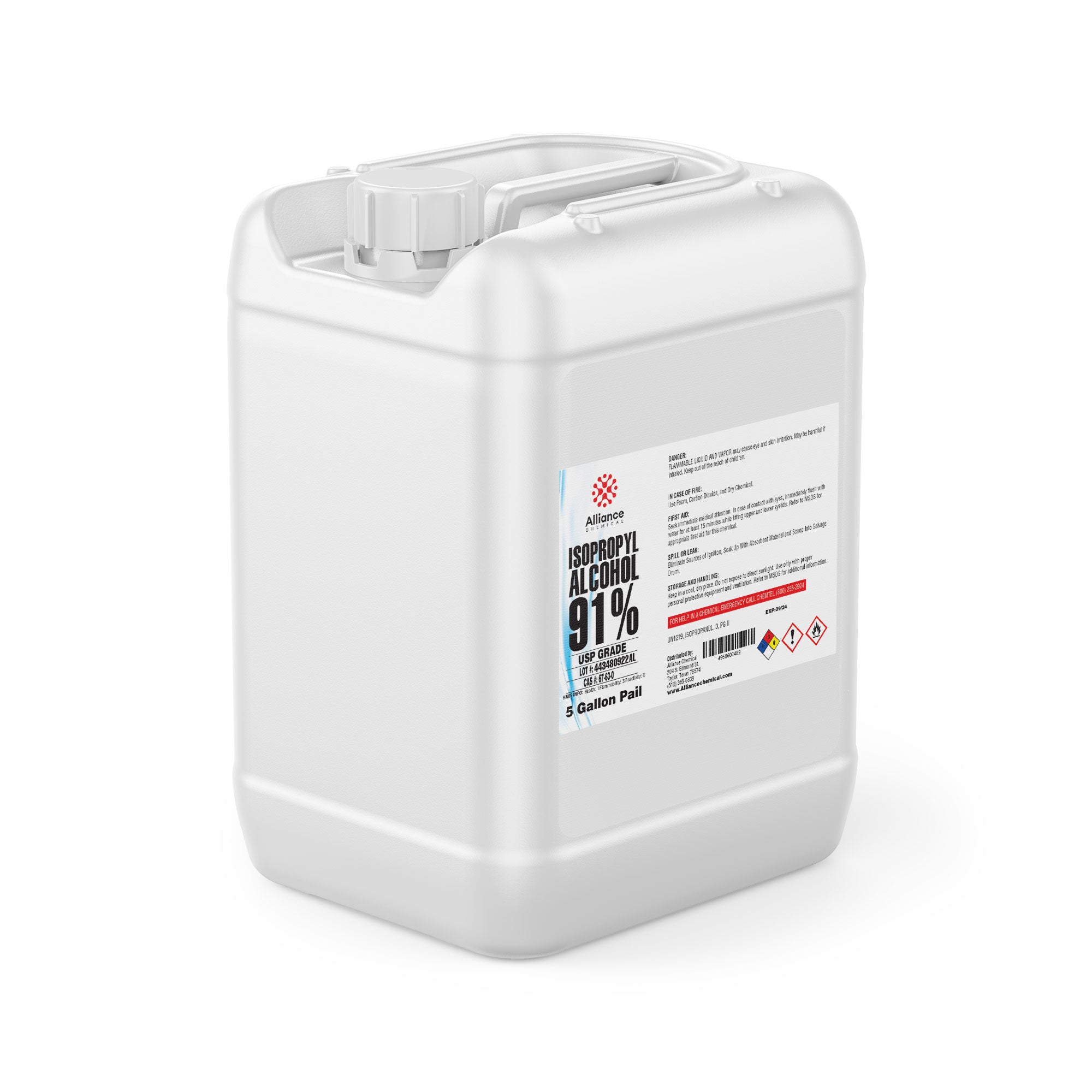 5-gallon white HDPE pail of USP-grade 91% Isopropyl Alcohol by Alliance Chemical, featuring hazmat warning symbols and secure screw-cap closure.